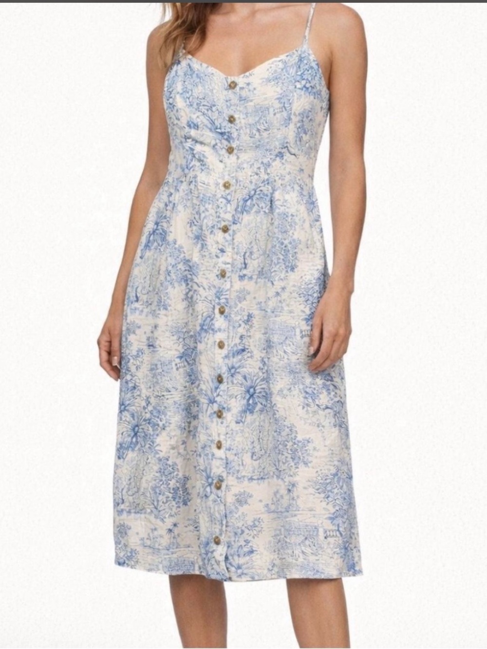 Blue and White Toile Print Linen Blend Button Front Midi Dress size 8